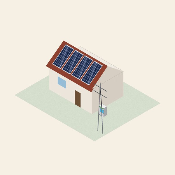 Ilustración de casa con paneles solares conectada a la red eléctrica