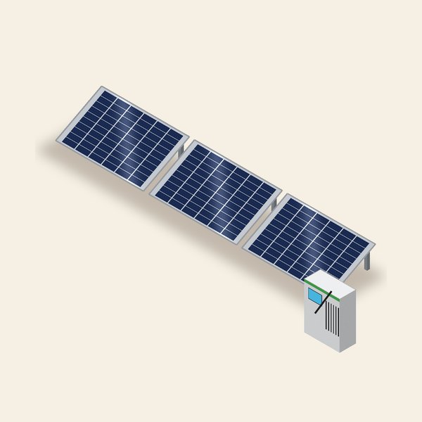 Ilustración de kit solar on grid con paneles e inversor